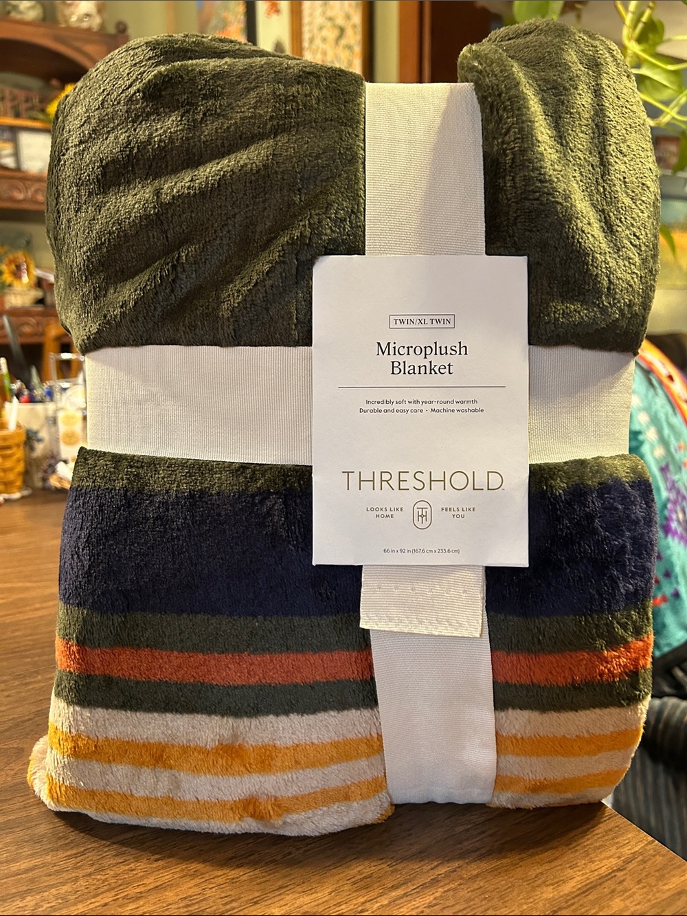 Threshold Olive Microplush Blanket with Multicolor Stripe Accents